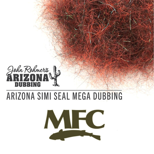 Red Arizona Simi Seal Mega Dubbing for fly tying, along with text and MFC logo, on a white background.