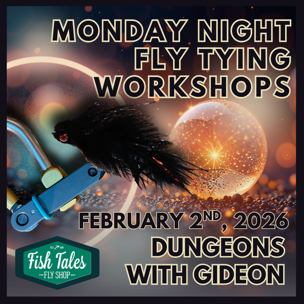 Monday Night Fly Tying Workshops  graphic with a fly tying vise and fly text on a dark background.