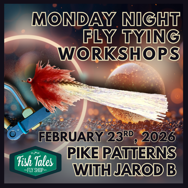 Monday Night Fly Tying Workshops  graphic with a fly tying vise and fly text on a dark background.