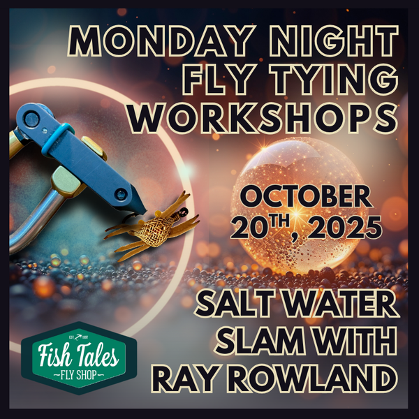 Monday Night Fly Tying Workshops  graphic with a fly tying vise and fly text on a dark background.