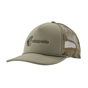 Patagonia Broadcaster Trucker Hat in River Rock Green with fish jump embroidery on the front panel on a white background.