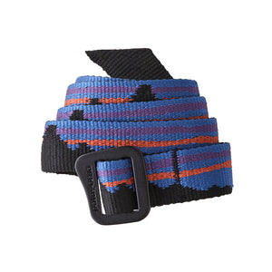 Multicolored Fitz Roy design Patagonia Friction Belt with a black buckle on a white background.