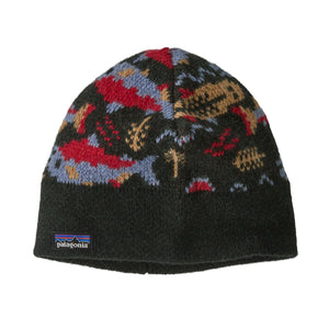 Patagonia Fun Hog Wool Blend Beanie with colorful salmon pattern and Patagonia logo on a white background.