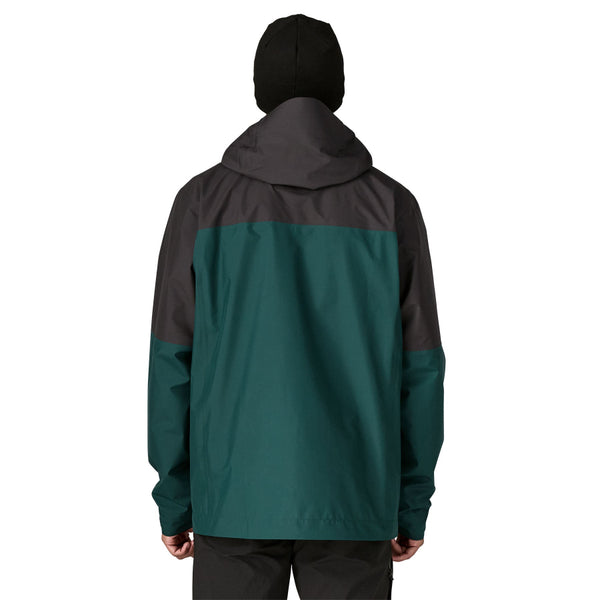 Man wearing a Patagonia Men's Boulder Fork Rain Jacket in Cascade Green with grey/black accents on a white background.