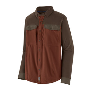 A Patagonia Men's Early Rise Long Sleeved Fleece Fishing Shirt in dried vanilla showing two tone brown design, front snap closures, chest pockets and taslan cuffs on a white background.