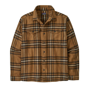 Deer Brown plaid Patagonia Men's Fjord Flannel Long Sleeved Shirt on a white background.