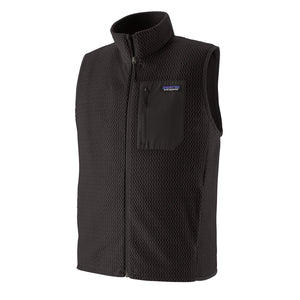 Black Patagonia Men's R1 Air Fleece Vest on a white background.