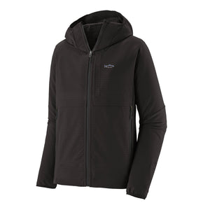 Black Patagonia Men's R1 TechFace Fitz Roy Trout Hoody white background.