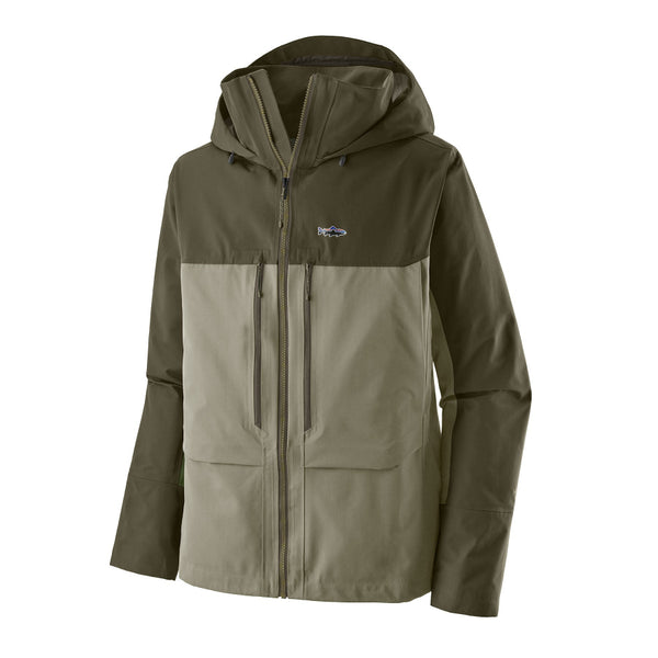 Patagonia Men's Swiftcurrent Wading Jacket in basin green color with a hood, zip pockets, and an adjustable drawcord, on a white background.