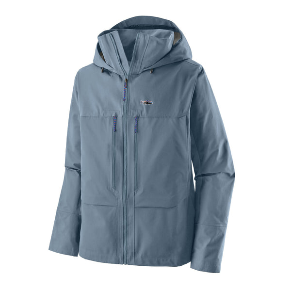 Patagonia Men's Swiftcurrent Wading Jacket in blue color with a hood, zip pockets, and an adjustable drawcord, on a white background.