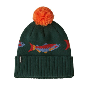 Green Patagonia Powder Town knit beanie with orange pom-pom and colorful salmon designs on a white background.