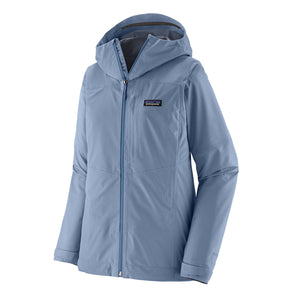 Patagonia Women's Boulder Fork Rain Jacket in barnacle blue color, featuring a hood, zippered pockets, and a streamlined design on a white background.