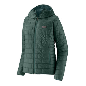 The new for 2025 Cascade Green Patagonia Women's Fitz Roy Trout Nano Puff Hoody on a white background.