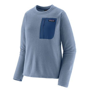 Barnacle Blue Patagonia Women's R1 Air Fleece Crewneck Pullover with a darker blue pocket and brand logo on a white background.