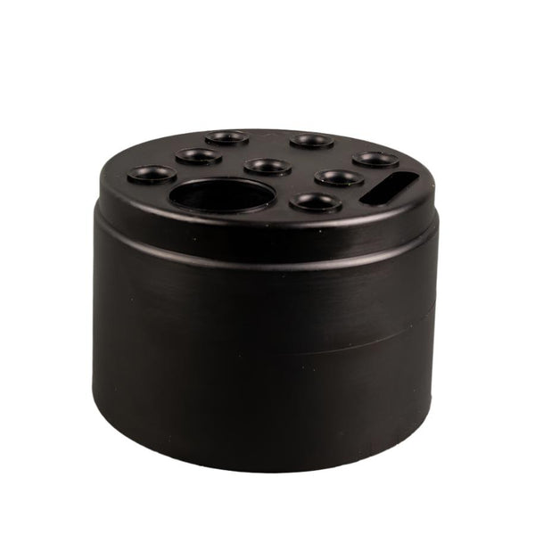 A black cylindrical Peak Desktop Organizer with multiple holes on the top for storing fly tying tools, on a white background.