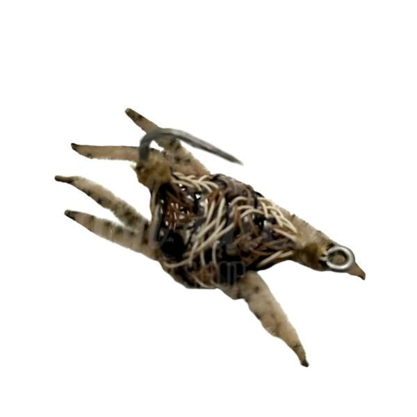 Saltwater Flexo Crab fly with tan and black flexo body, tan chenille legs and black eyes on a white background.