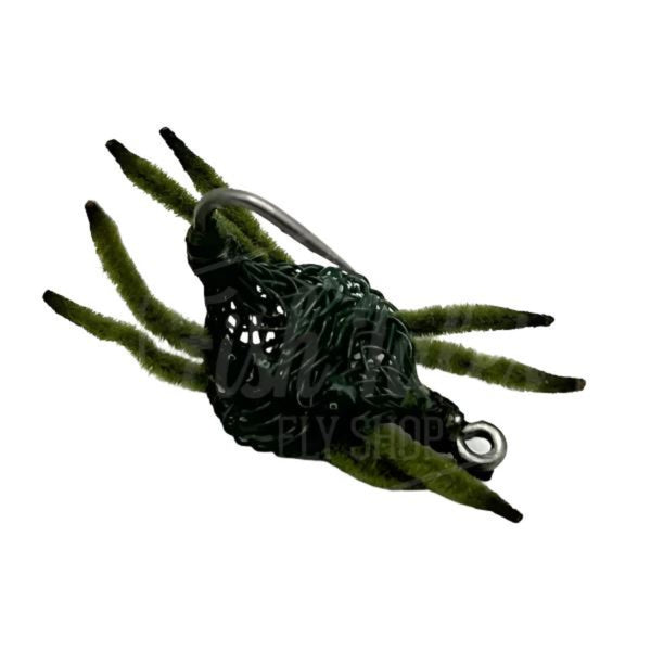 Saltwater Flexo Crab fly with green flexo body, olive chenille legs and black eyes on a white background.