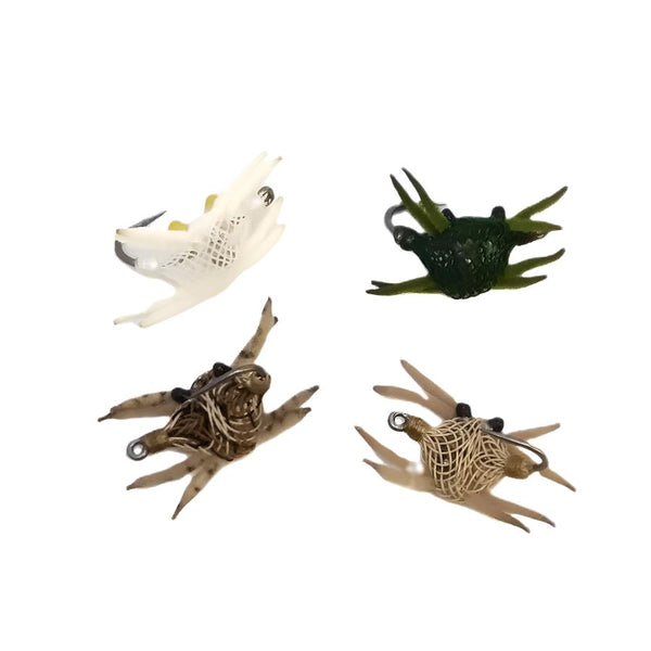 A group of four Saltwater Flexo Crab flies with tan, white, and green flexo bodies, chenille legs and mono eyes on a white background.