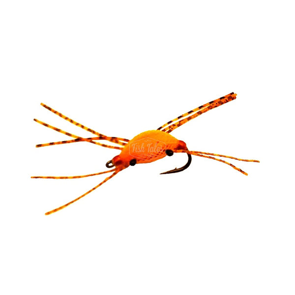 Floating Crab fly with orange body and black and orange legs on a white background.