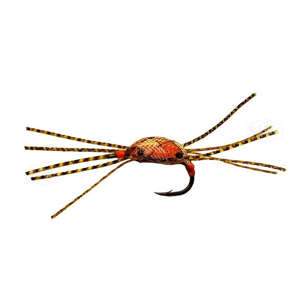 Floating Crab fly with orange and black flexo body and yellow and black legs on a white background.