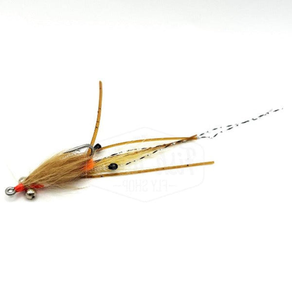A tan-colored Peterson Spawning Shrimp Fly with bead chain eyes, mono stalk eyes, orange spawning hot spots, and black flake tan sili legs, presented against a white background.