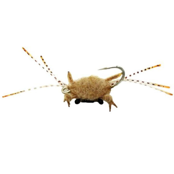 Saltwater Velcro Crab fly with tan furry foam body, tan chenille claws, and barred orange fire tip sili legs on a white background.