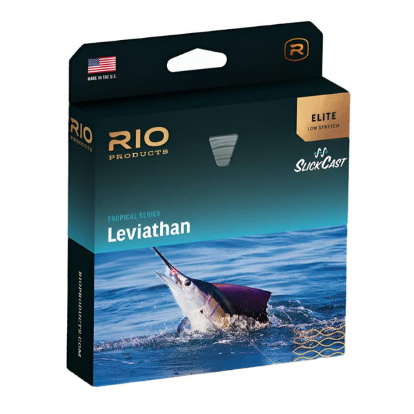 Packaging for Rio Elite Leviathan 26ft Sink Tip Saltwater Fly Line featuring an image of a billfish leaping out of the water.