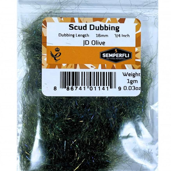 JD Olive Semperfli Scud Dubbing package on a white background.