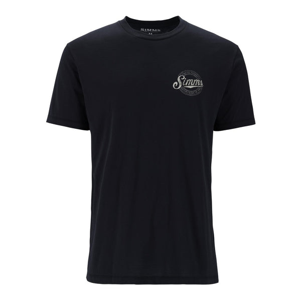 Black t-shirt with Simms Circle Lockup graphic on the front left, on a white background.