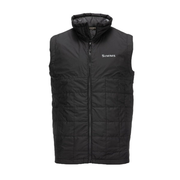 Black with grey liner Men's Simms Fall Run Insulated Vest on a white background.