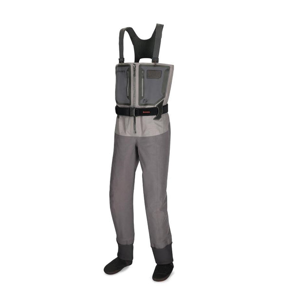 A set of the Men's Simms G4Z Zip Front Waders on a white background.