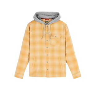 Simms Men's Santee Flannel Hoody in yellow plaid with a grey hood on a white background.