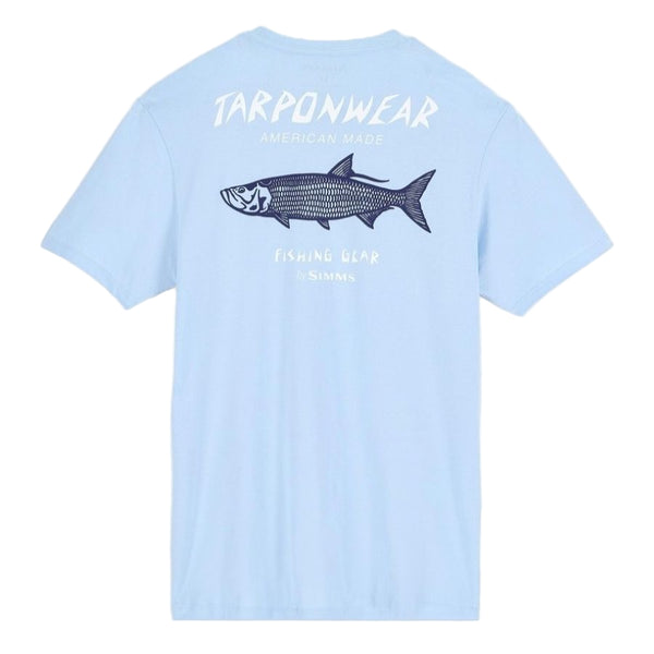 Back of a light blue Simms Men's Tarponwear T-Shirt with fish graphic and text on a white background.