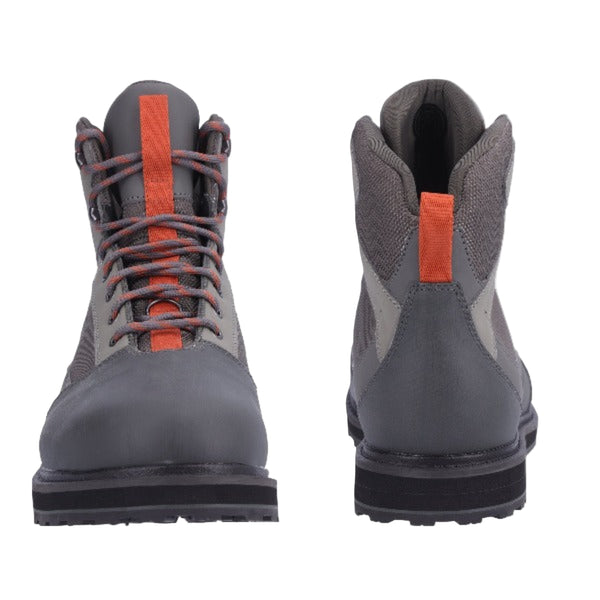 Front and back view of the Simms Men's Tributary wading boot showing the welted rubber sole, laces, and ankle support on a white background.