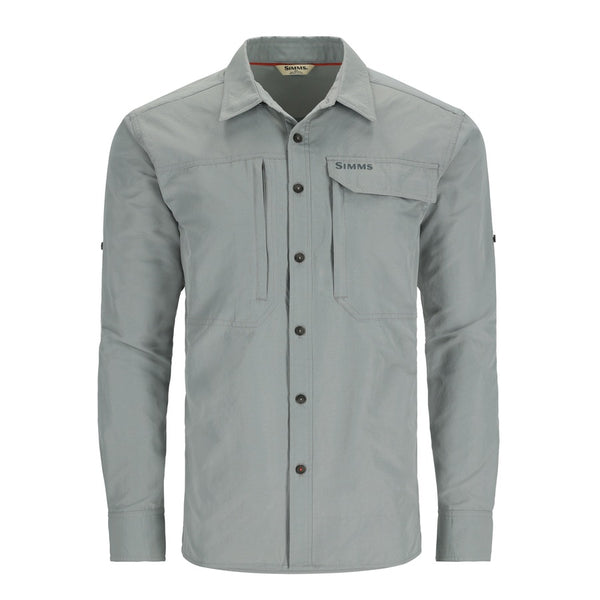A long-sleeved cinder grey Simms men's UPF guide shirt with a point collar, button-front closure, and front pockets on a white background.