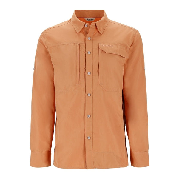 A long-sleeved orange Simms men's UPF guide shirt with a point collar, button-front closure, and front pockets on a white background.