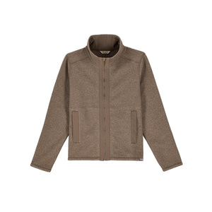 Simms Women's Harbor Fleece zip-front jacket in sturgeon heather front faced on a white background.