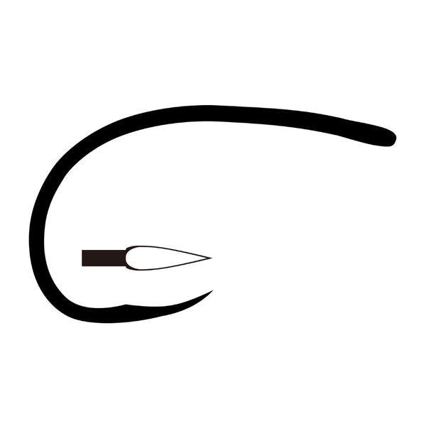 Illustration of a single Tiemco TMC-2499SP-BL Barbless Curved Nymph Hook with a point design highlight.