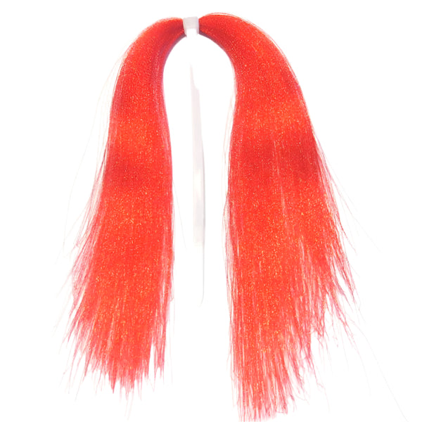 A hank of red Just Add H2O Fluoro Fiber used for fly tying, on a white background.