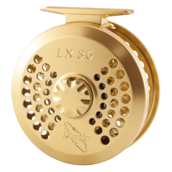Gold Islander LX fly fishing reel on a white background.