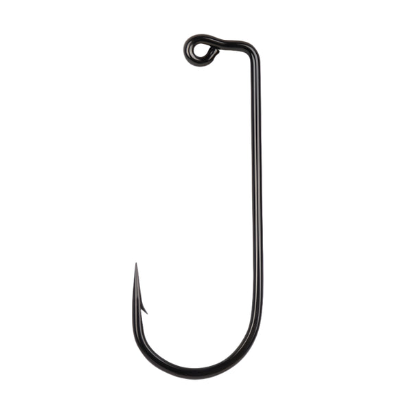 A single black nickle Mustad 32833BLN Jig Hook with a 90-degree bend eye on a white background.