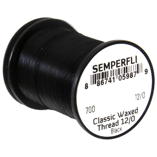 A single spool of black semperfli classic waxed thread used for fly tying on a white background
