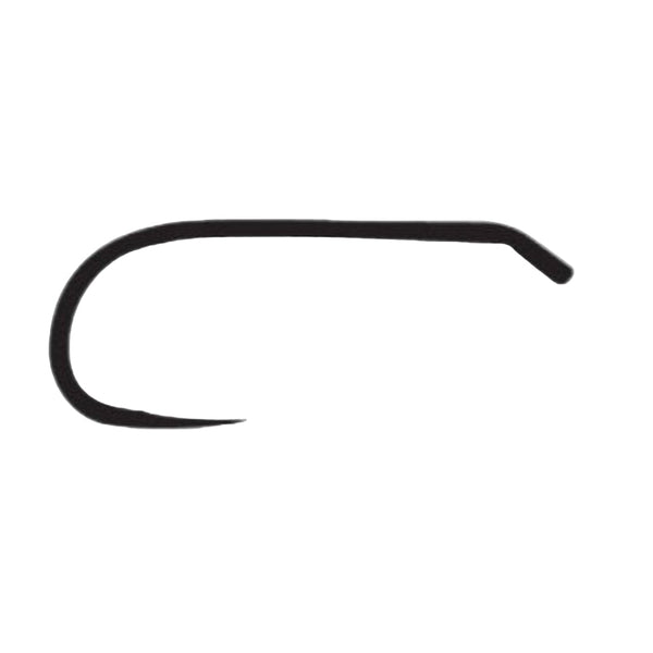 An illustration of a Tiemco TMC-100SP-BL Barbless Dry Fly Hook with a down eye and wide gap, on a white background.