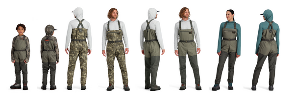 simms tributary fishing waders on eight models featuring men's women's and kids sizing on a white background
