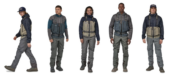 a series of five models wearing Patagonia men's and women's fishing waders  on a while background