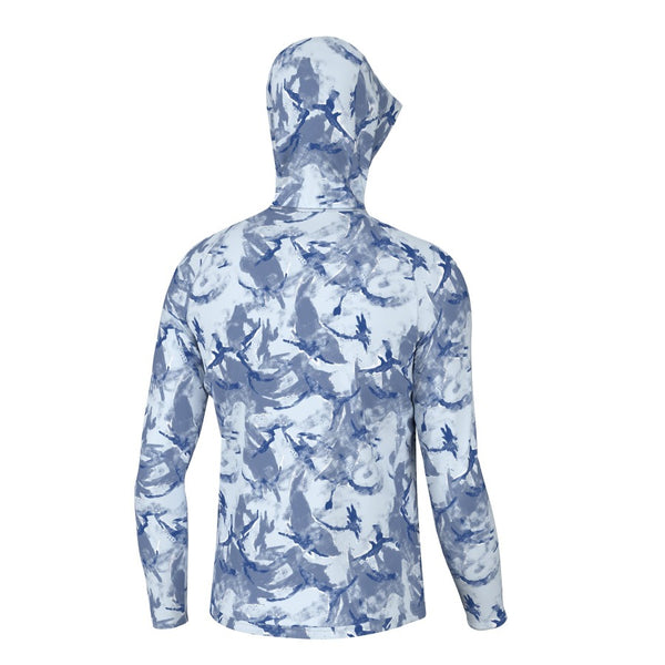 back view of a cane bay ice water blue huk fishing men's waypoint performance sun hoody on a white background
