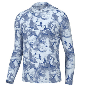 front view of a cane bay ice water blue huk fishing men's waypoint performance sun hoody on a white background