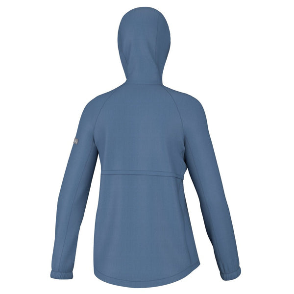 back view of a quiet harbor blue huk fishing womens rover rain jacket on a white background