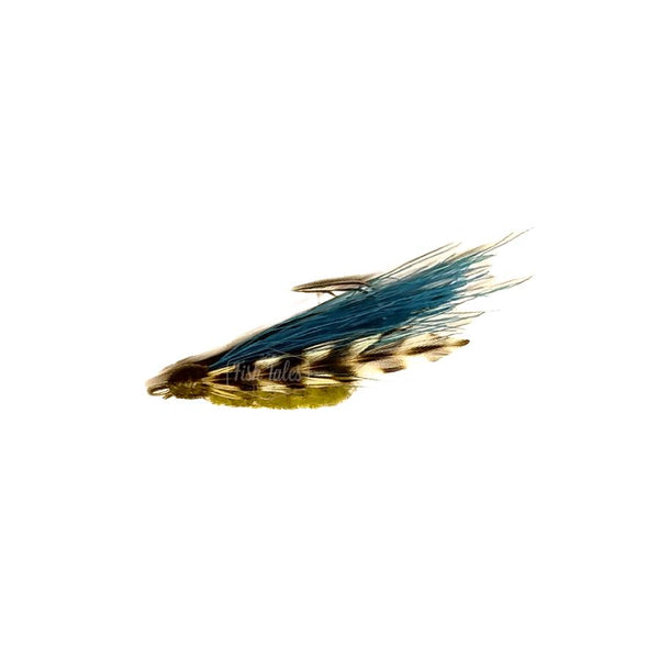The Grassy Wonder, a dark unweighted bonefish fly with blue wing and green body, designed for targeting bonefish in grassy flats.