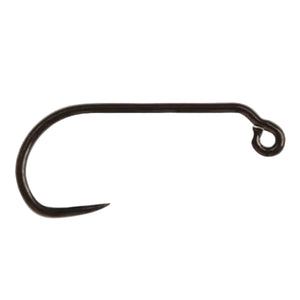 Black nickel Ahrex FW555 Czech Mini Jig Nymph barbless fishing hook on a white background.